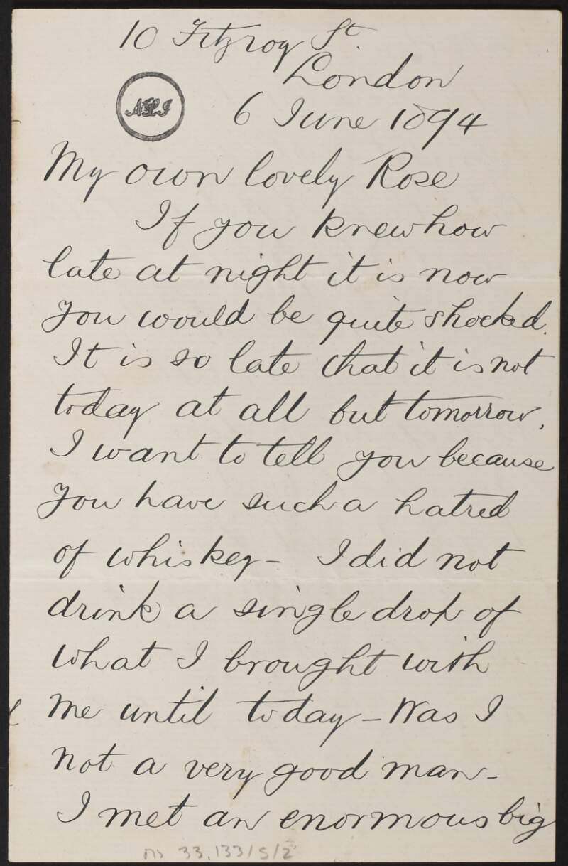 Letter from Louis Jacob, 10 Fitzroy Square, London, to Rosamond Jacob about his visit to London,