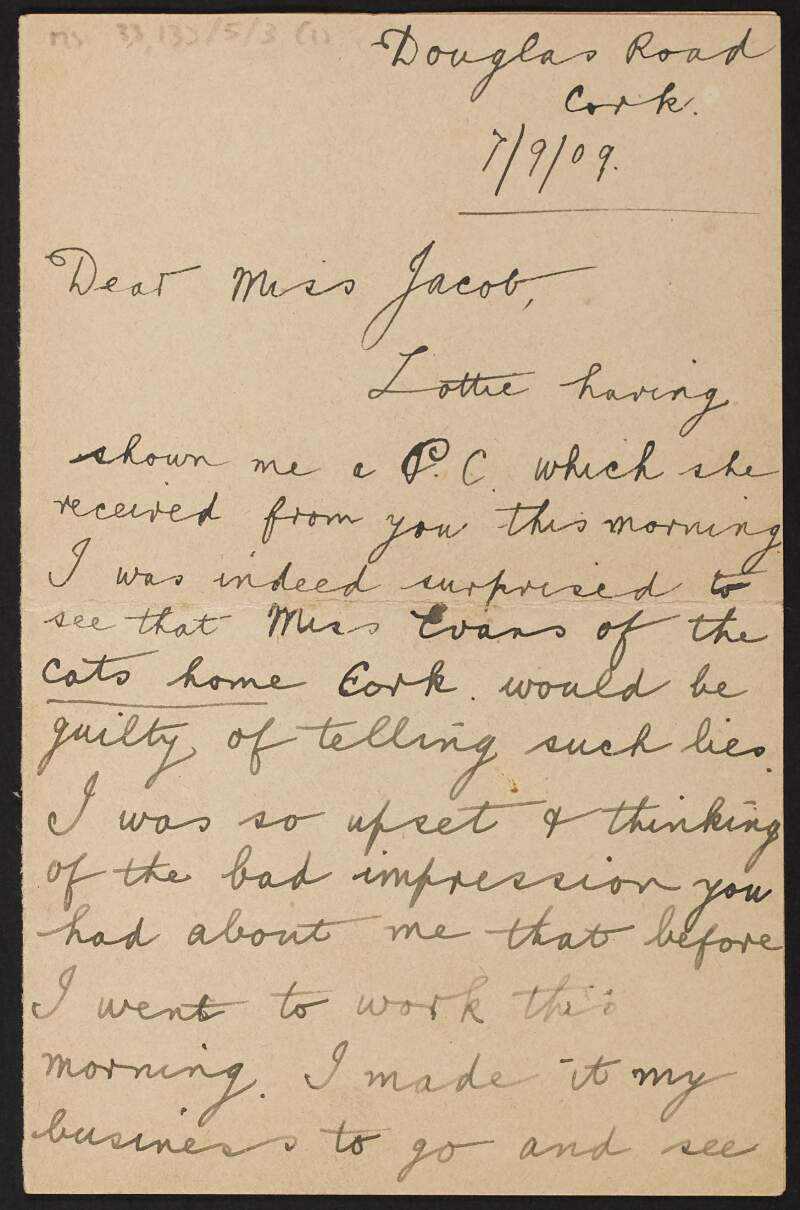 Letter from Richard S. Orr, Douglas Road, Cork, to Rosamond Jacob, 20 Newtown Hill, Waterford,
