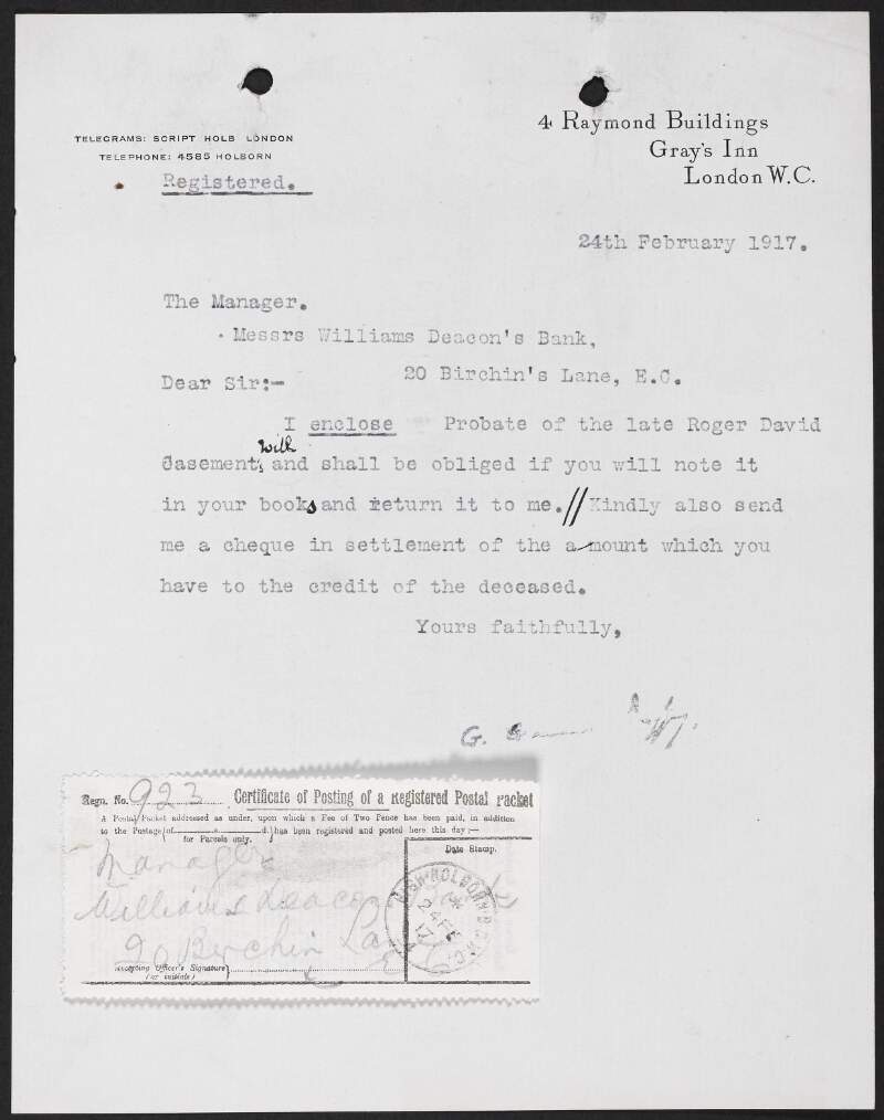 Letter from George Gavan Duffy to Manager, Williams Deacons Bank, regarding the probate of Roger Casement,