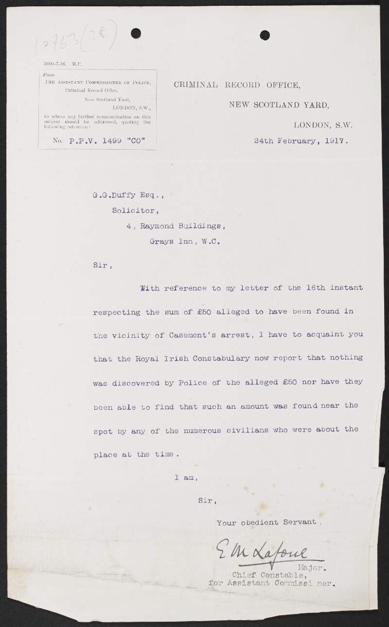 Letter from J.W. [Lafoul], Chief Constable, for Assistant Commissioner, to George Gavan Duffy concerning a missing sum of money which belonged to Roger Casement,
