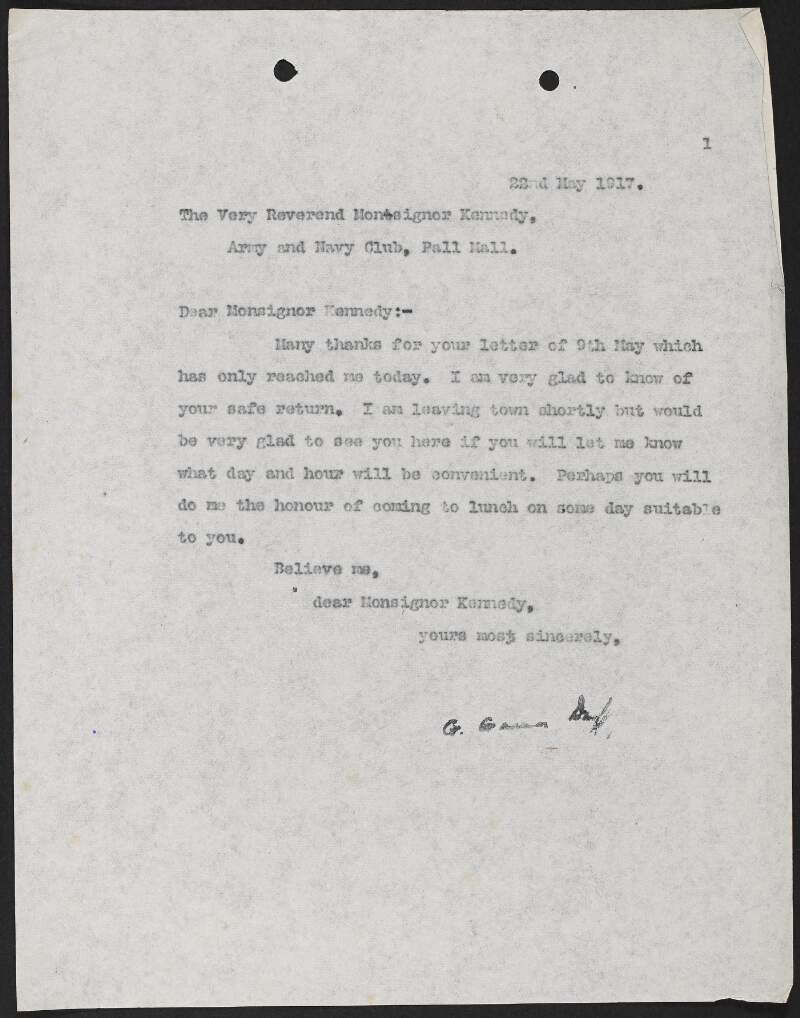 Letter from George Gavan Duffy to Reverend Monsignor Kennedy noting he is glad of his safe return and attempting to arrange a meeting,