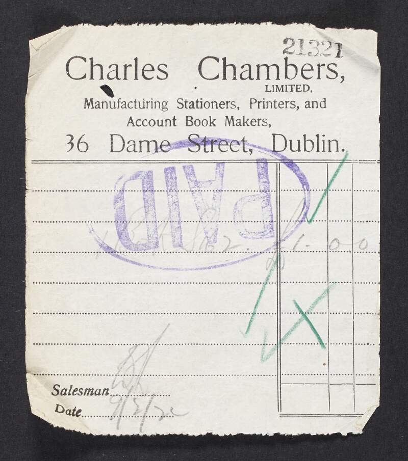 Invoice / receipt from Charles Chambers to the Provisional Government of Ireland,