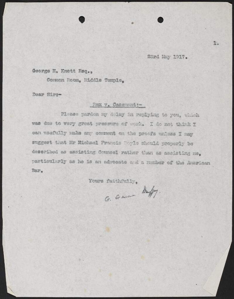 Letter from George Gavan Duffy to George H. Knott, Common Room, Middle Temple, commenting on a publication regarding Michael Francis Doyle's role in the trial of Roger Casement,