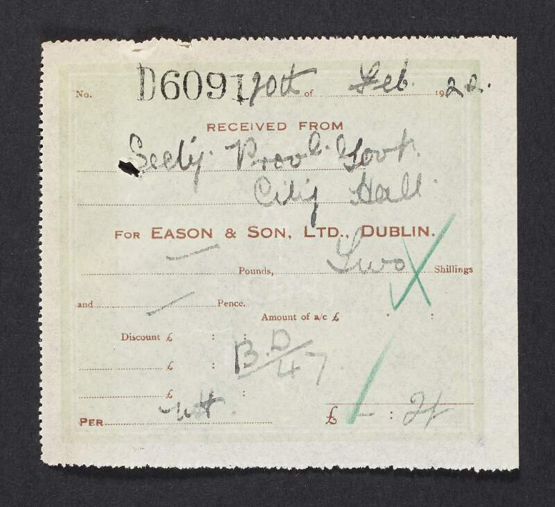 Invoices from Eason & Son, Limited, to the Provisional Government of Ireland,