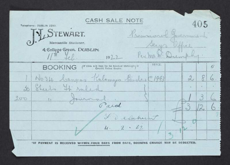 Invoices from J.L. Stewart to the Provisional Government of Ireland for stationary,