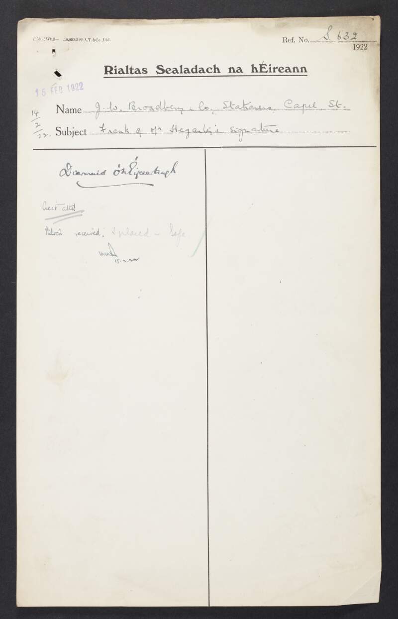 Invoice from J.W. Broadbery to Diarmuid O'Hegarty, Secretary, Provisional Government of Ireland, requesting payment,