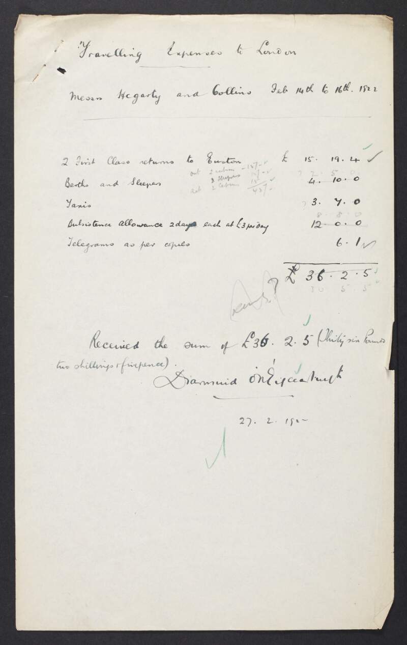 Typescript receipt from Diarmuid O'Hegarty, Secretary, Provisional Government of Ireland for travel expenses for O'Hegarty and Michael Collins to travel to London,