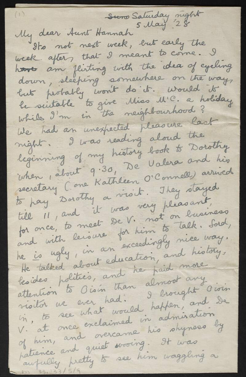 Partial letter from Rosamond Jacob to her aunt Hannah Harvey about a visit from Eamon De Valera and his secretary Kathleen O'Connell to her house,