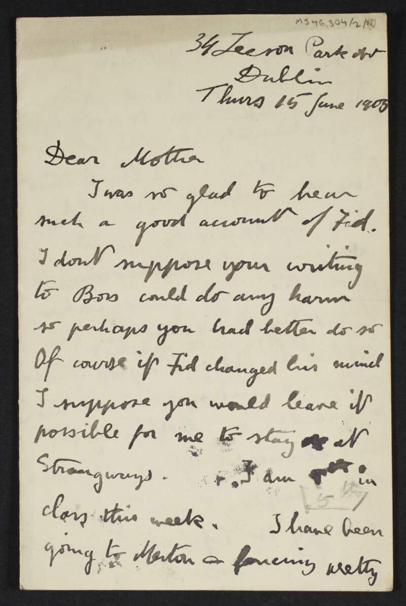 Letter from Diarmid Coffey to Jane Coffey regarding George Coffey's health, his schoolwork and attending the theatre,