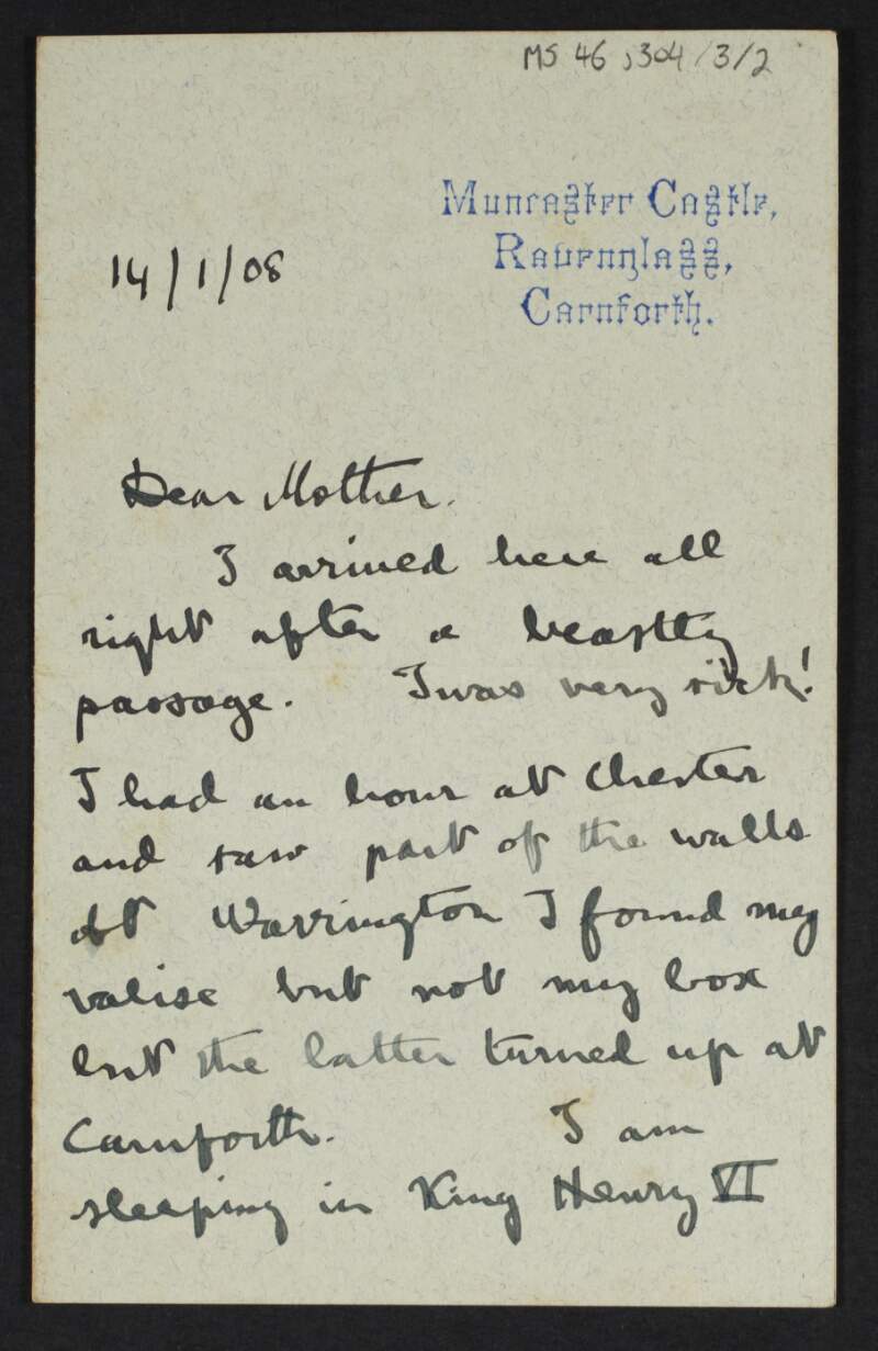 Letter from Diarmid Coffey, Carnforth, England, to Jane Coffey about his stay in Muncaster Castle,