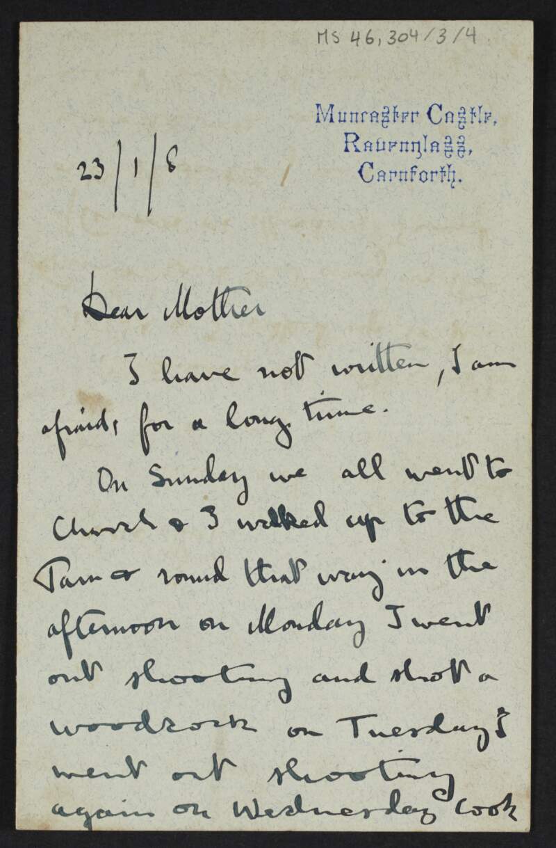 Letter from Diarmid Coffey, Carnforth, England, to Jane Coffey about his stay in Muncaster Castle, England,