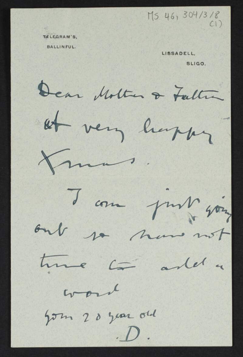 Letter from Diarmid Coffey, Lissadell, Sligo, to George Coffey and Jane Coffey wishing them a Happy Christmas,