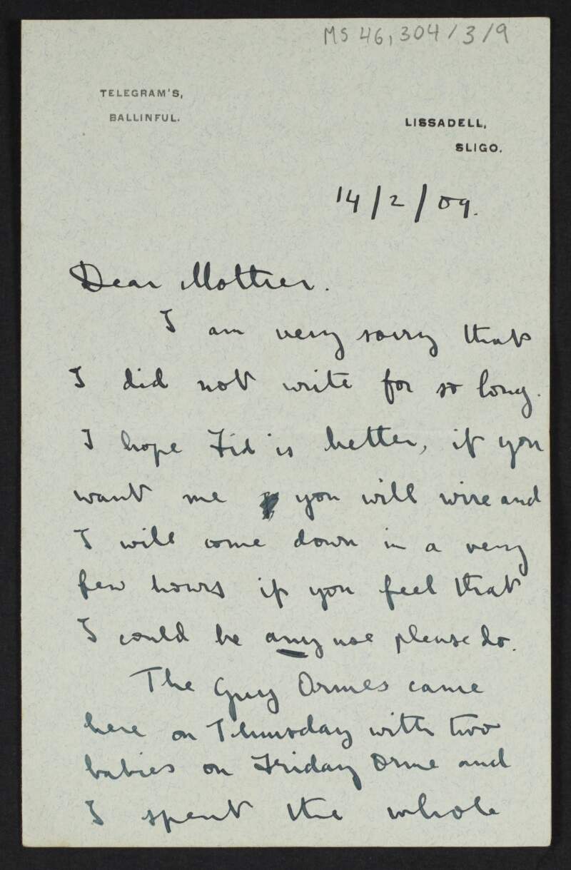 Letter from Diarmid Coffey, Lissadell, Sligo, to Jane Coffey telling her about his stay in Sligo and shooting geese,