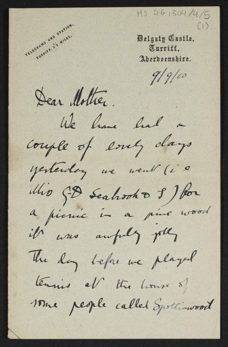 Letter from Diarmid Coffey, Turriff, Aberdeenshire, Scotland, to Jane Coffey regarding his stay in Delgaty Castle, Scotland,