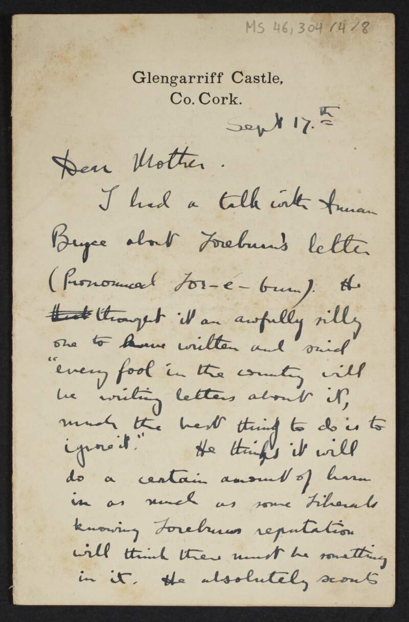 Letter from Diarmid Coffey, Glengarriff Castle, Cork, to Jane Coffey telling her about a discussion he had with James Bryce regarding politics and his time sailing with the other guests of the castle,