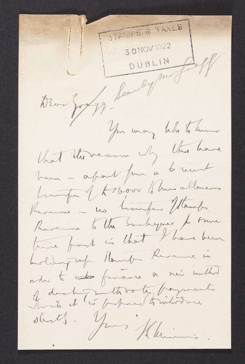 Letter from John Robert Minnis, Inland Revenue, to Cornelius Joseph Gregg, Department of Finance, regarding revenue paid over to the Exchequer,