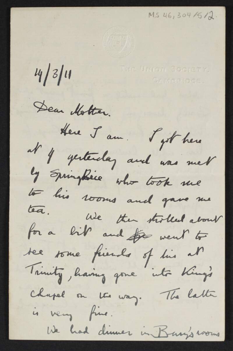 Letter from Diarmid Coffey, Cambridge, England, to Jane Coffey regarding his trip to Cambridge where he met Thomas Spring Rice,