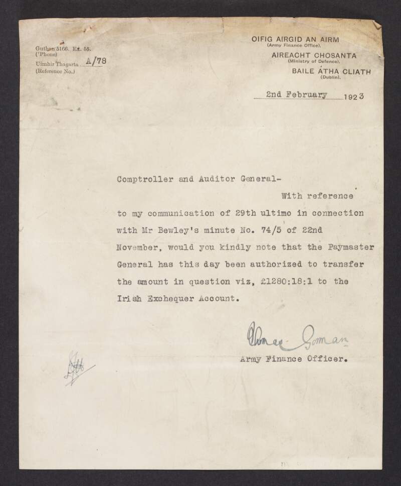 Letter from Thomas Gorman, Ministry of Defence, to [George McGrath], Comptroller and Auditor General, regarding a transfer to the Exchequer account,