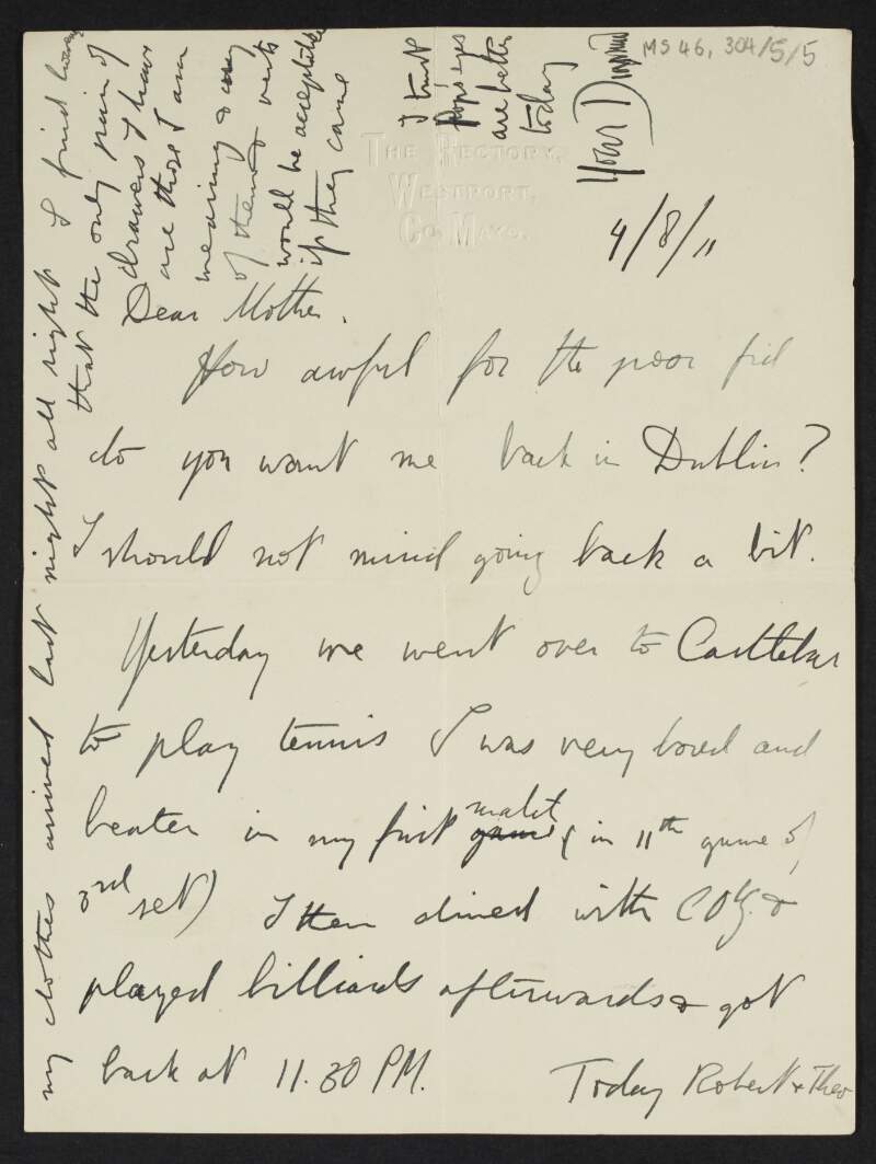 Letter from Diarmid Coffey, Westport, Mayo, to Jane Coffey regarding his father's health and telling her about his boat trips,