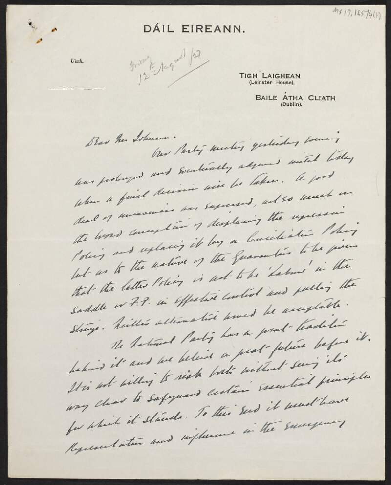 Letter from William Archer Redmond to Thomas Johnson regarding the Irish National Party and the possibility of voting against the Government,