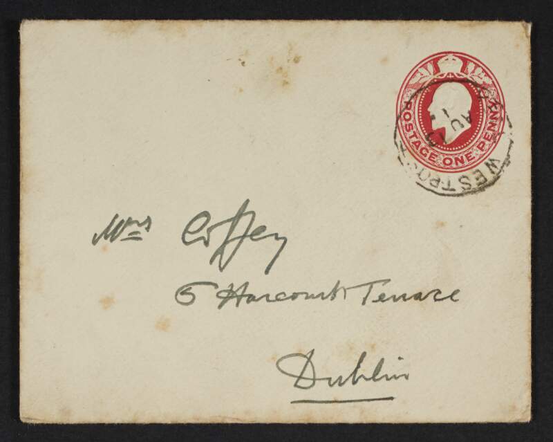 Envelope from unidentified author to "Mrs Coffey, 5 Harcourt Terrace, Dublin",