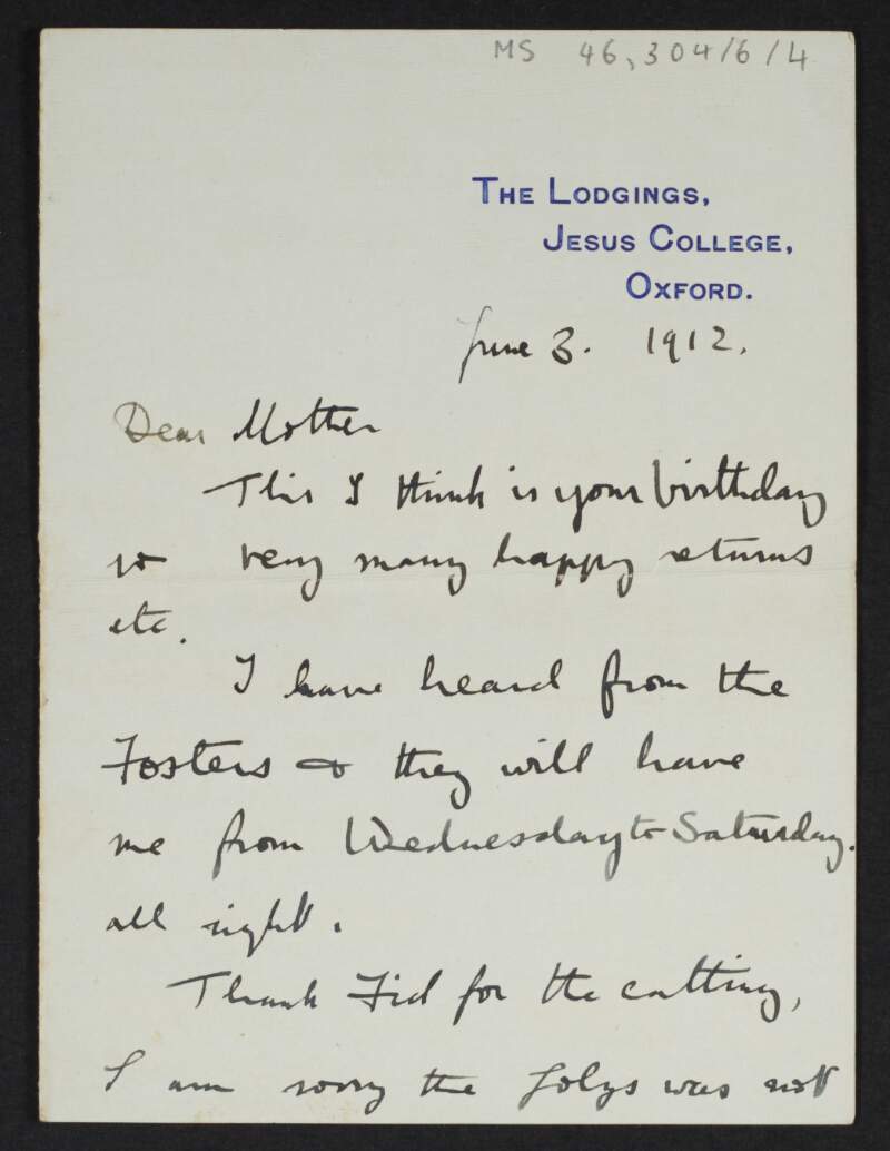 Letter from Diarmid Coffey, Jesus College, Oxford England, to Jane Coffey regarding meeting Charles Harding Firth and getting advice from him,