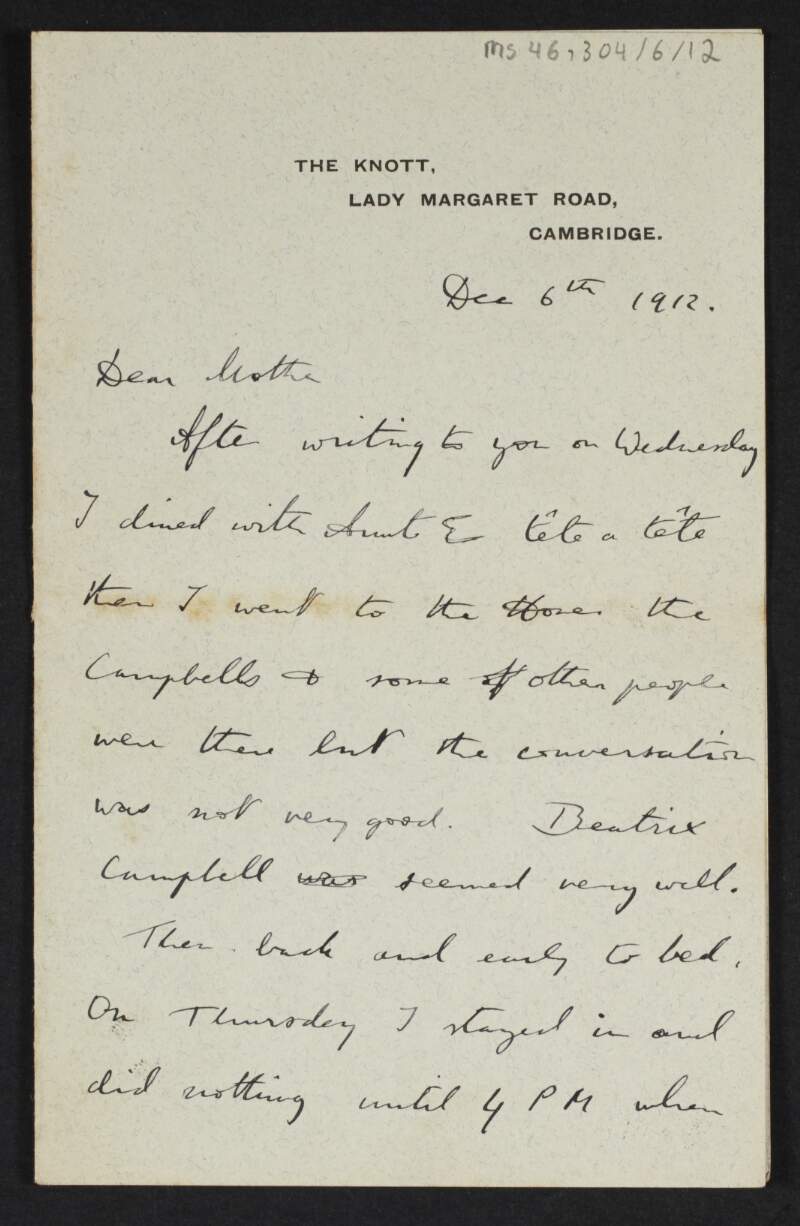 Letter from Diarmid Coffey, Cambridge, England, to Jane Coffey regarding lunches and visits he had with [Susan] Haviland Burke and Colonel Maurice Moore,