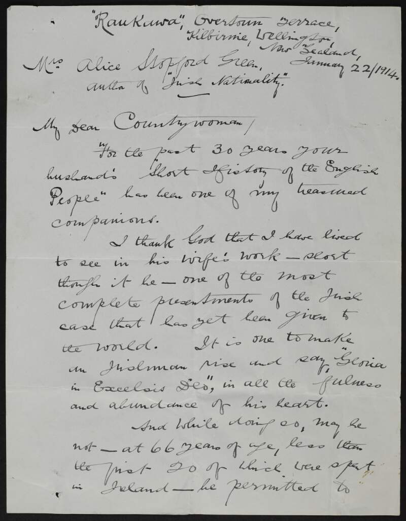 Letter from unidentified person, Overtoun Terrace, Kilbirnie, Wellington, New Zealand, to Alice Stopford Green praising 'Irish Nationality',