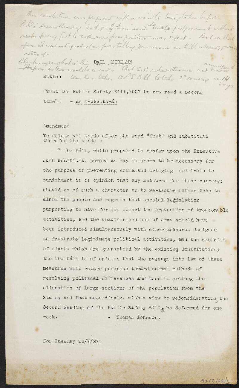Typescript copy Dáil motion by Thomas Johnson, Labour Party, against the Public Safety Bill with manuscript notes,