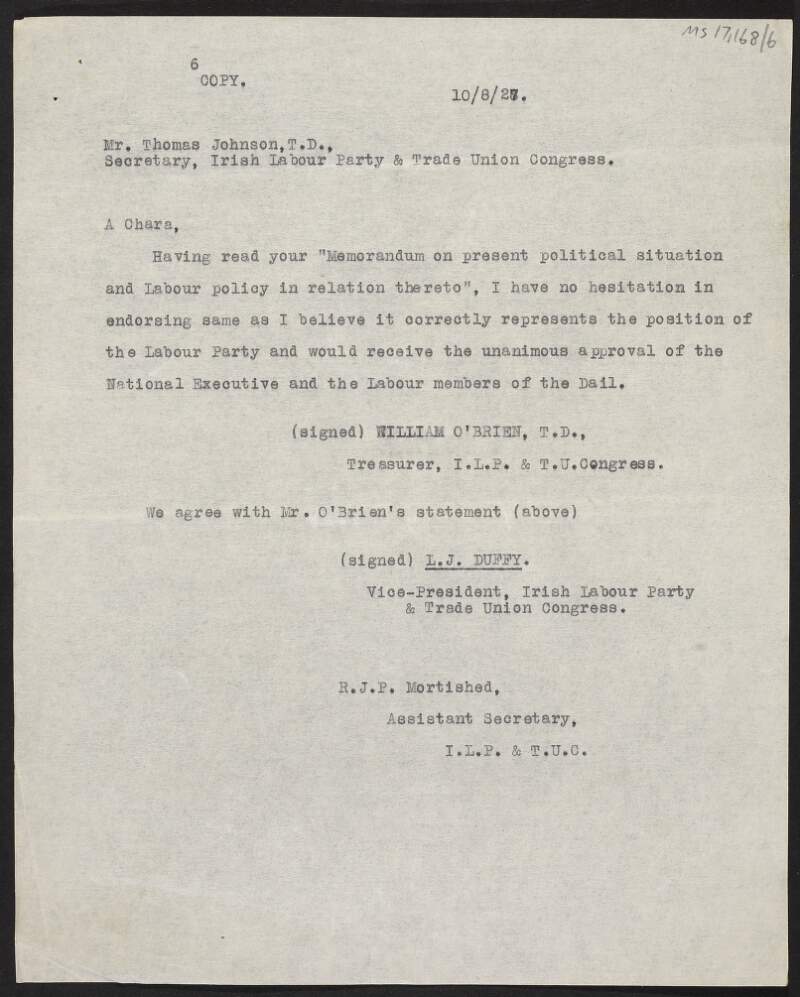 Copy letter from William O'Brien to Thomas Johnson endorsing his memorandum,