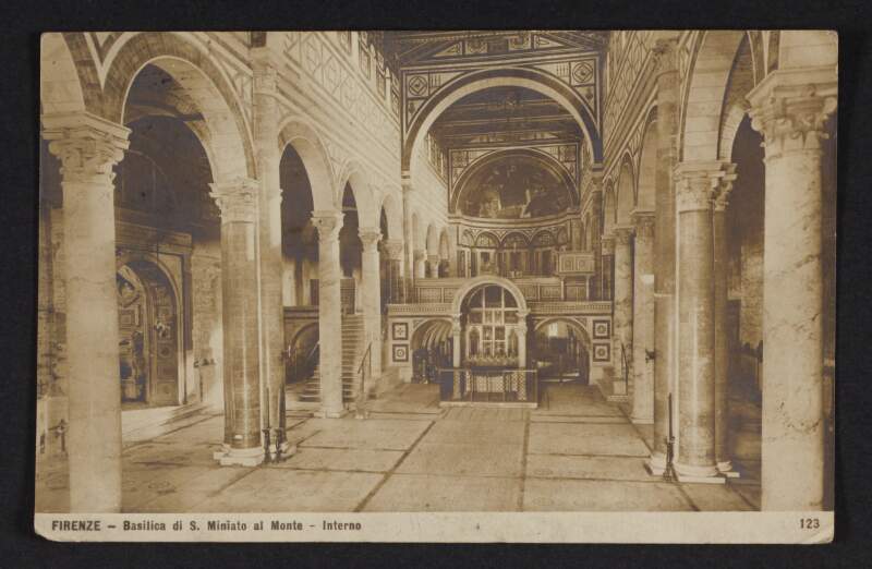 Postcard from Diarmid Coffey, Italy, to Jane Coffey describing the churches he has seen on his travels,