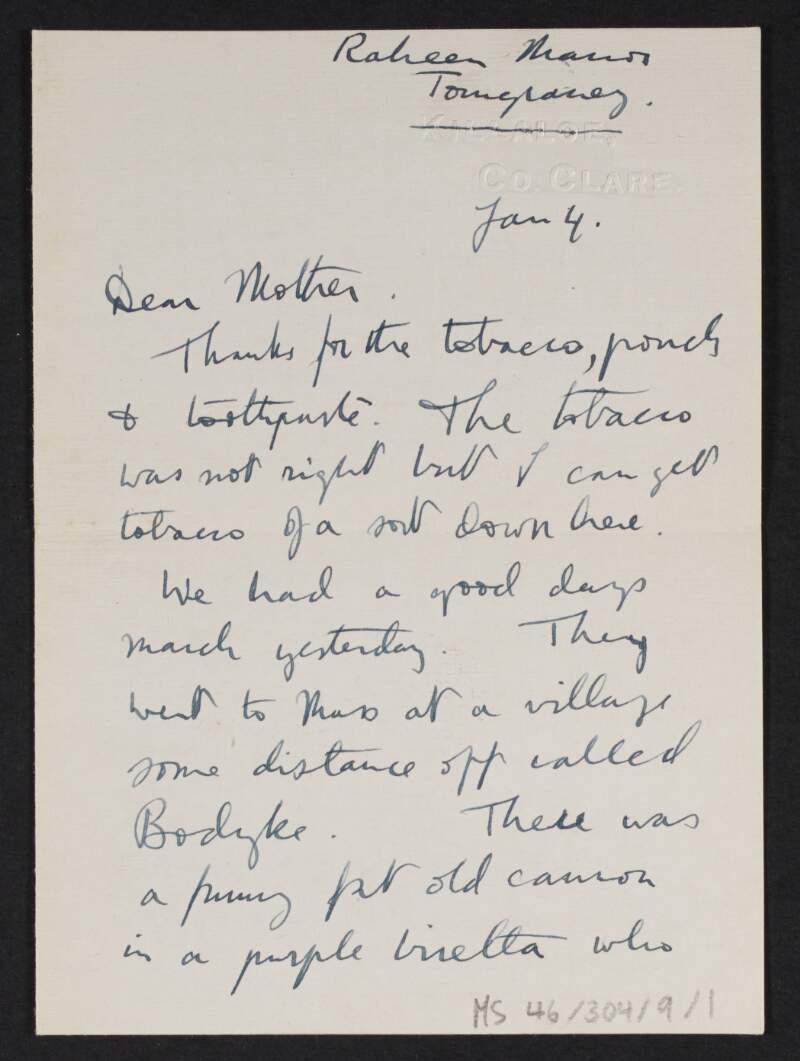Letter from Diarmid Coffey, Raheen, Clare, to Jane Coffey regarding his training with the Irish Volunteers and complaining about a cannon in Bodyke,