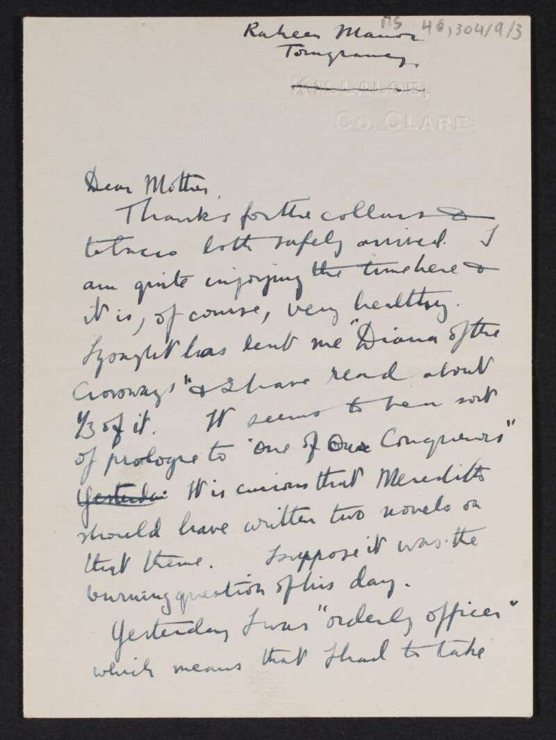 Letter from Diarmid Coffey, Raheen, Clare, to Jane Coffey regarding his training with the Irish Volunteers,