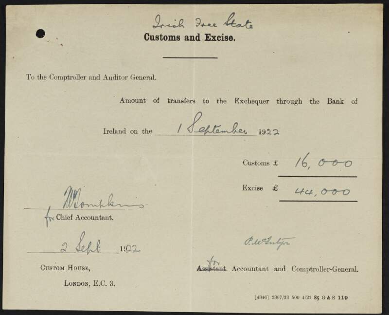 Notifications from the Irish Free State Customs and Excise to the Comptroller and Auditor General regarding transfers to the Exchequer through the Bank of Ireland,