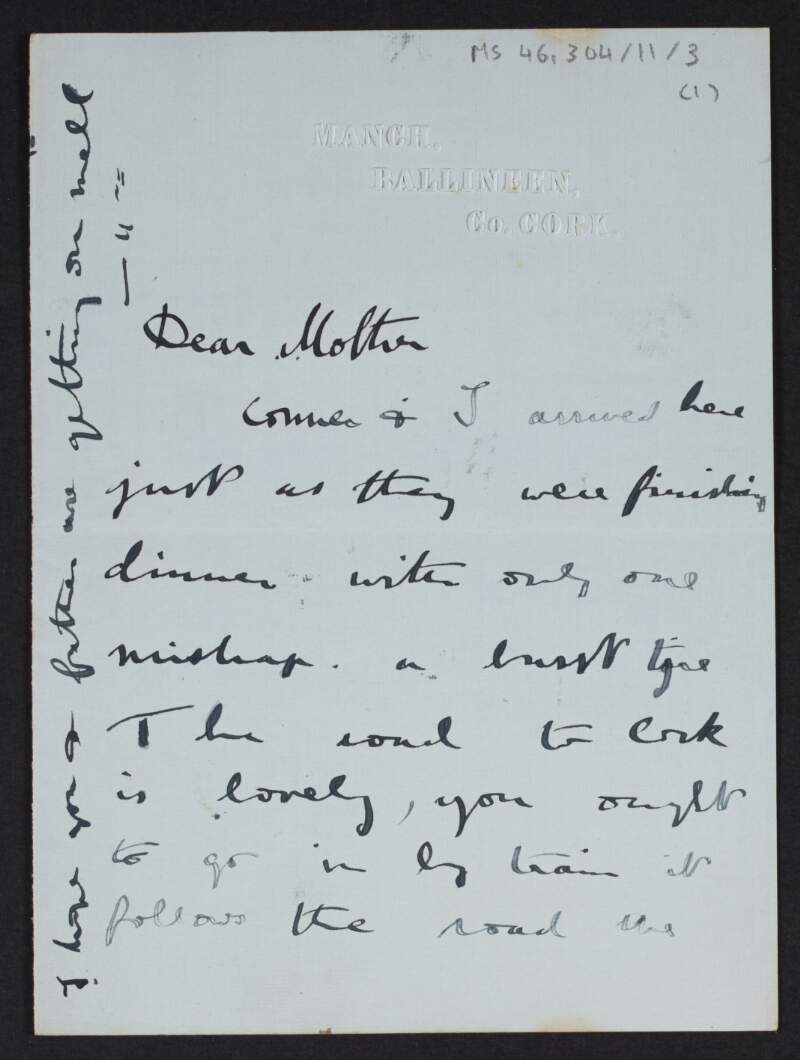 Letter from Diarmid Coffey, Cork, to Jane Coffey telling her about the unexciting guests [Miss Clarke] and [Mrs. Conner] who are staying in the accommodation,