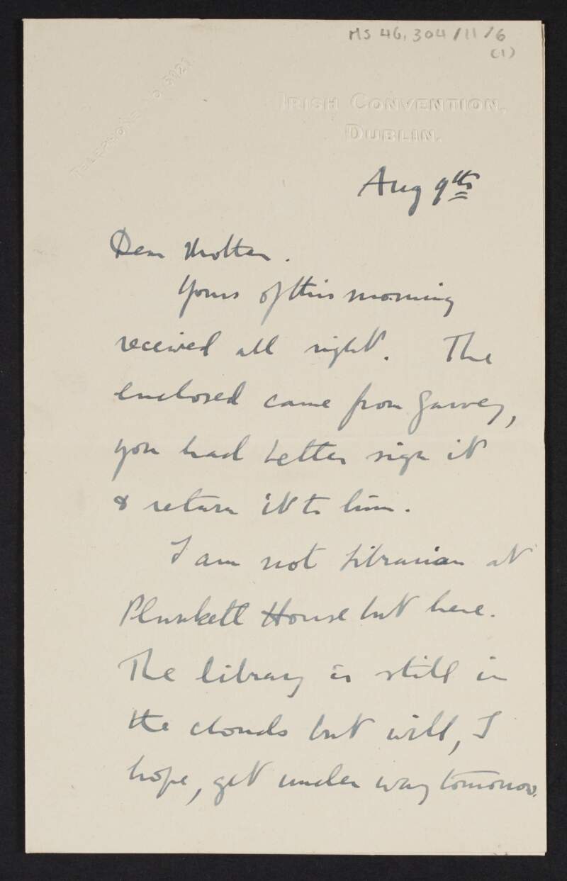 Letter from Diarmid Coffey, Irish Convention, Dublin, to Jane Coffey telling her that the convention has appointed a committee of twenty people,