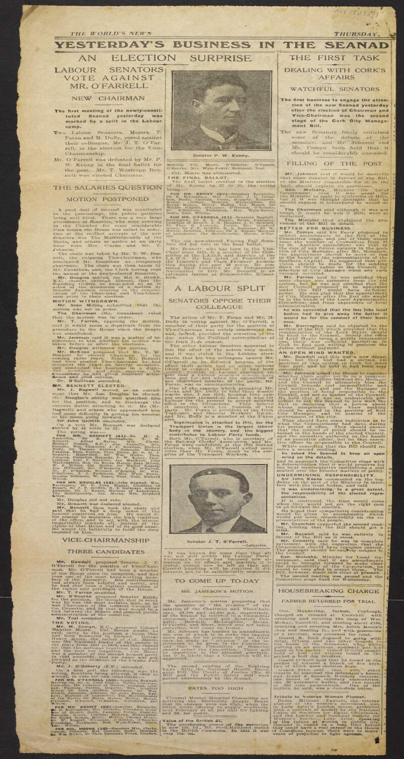 Newspaper cutting from 'World's News' with article regarding a rift in the Labour Party,