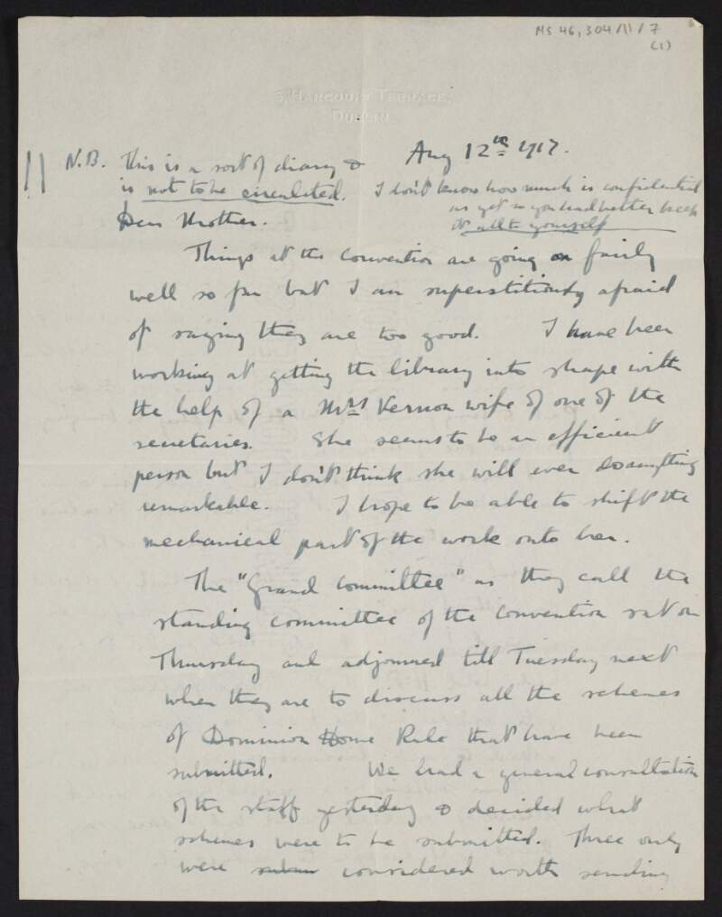 Letter from Diarmid Coffey, Dublin, to Jane Coffey telling her the news from the convention and that the "Grand Committee" are discussing schemes of Home Rule to be submitted and mentions how Erskine Childers is working on schemes to bring forward as is W. M. Murphy,