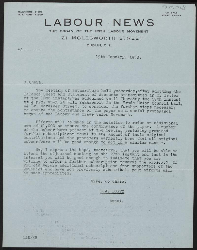 Copy memo from Luke J. Duffy, Secretary, 'Labour News', regarding the general meeting held 18th January 1938,