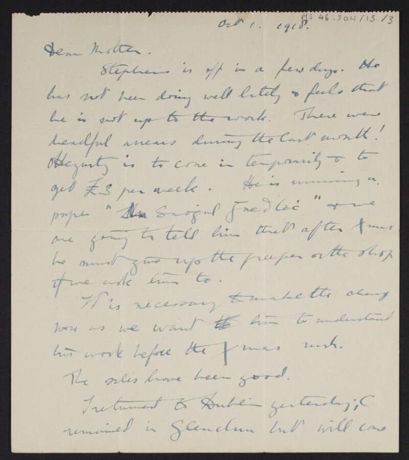 Letter from Diarmid Coffey, Dublin, to Jane Coffey telling her that an unidentified person is leaving in a few days as he is not able for the work and that Cesca is doing well,