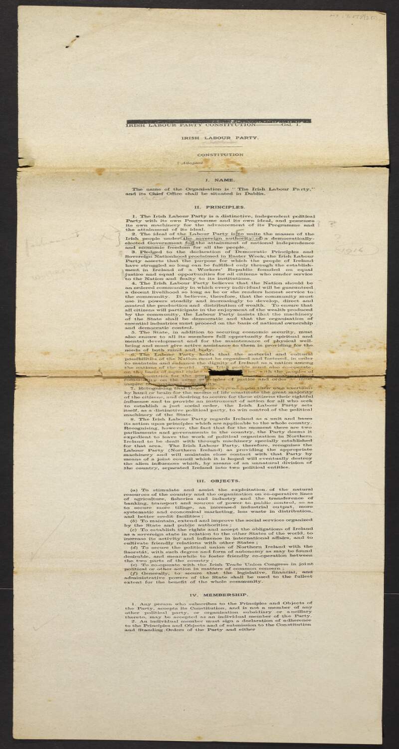 Draft proof of the Irish Labour Party Constitution with manuscript notes by Thomas Johnson,