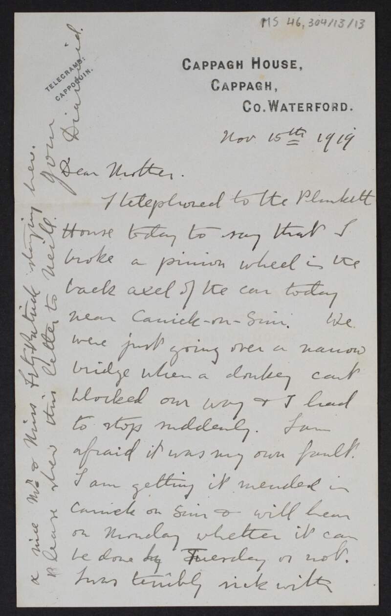 Letter from Diarmid Coffey, Waterford, to Jane Coffey regarding car trouble,