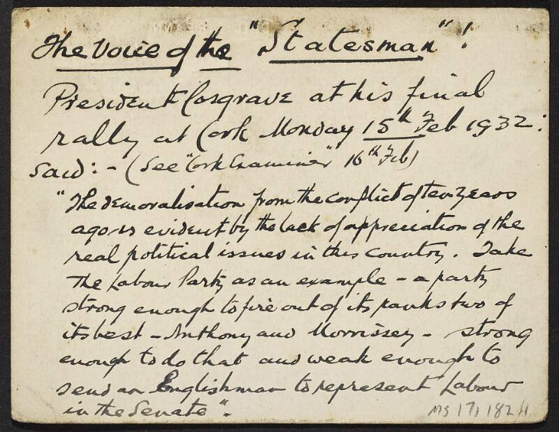 Manuscript notes by Thomas Johnson regarding W. T. Cosgrave's speech referring to the Labour Party at his final rally in Cork, 15th February 1932,