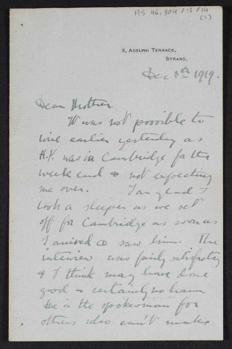 Letter from Diarmid Coffey, London, to Jane Coffey regarding an interview he had in Cambridge,