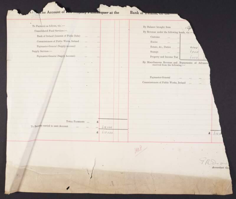 Statements of the account of the Irish Exchequer at the Bank of Ireland, signed by G.R. Deverell, Accountant General, and E.C. Buckley, Deputy Accountant General,
