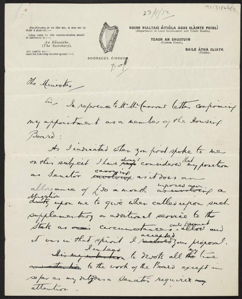 Draft letter from Thomas Johnson to Seán T. O'Kelly, Minister for Local Government and Public Health, regarding Johnson's appointment as a member of the Housing Board,