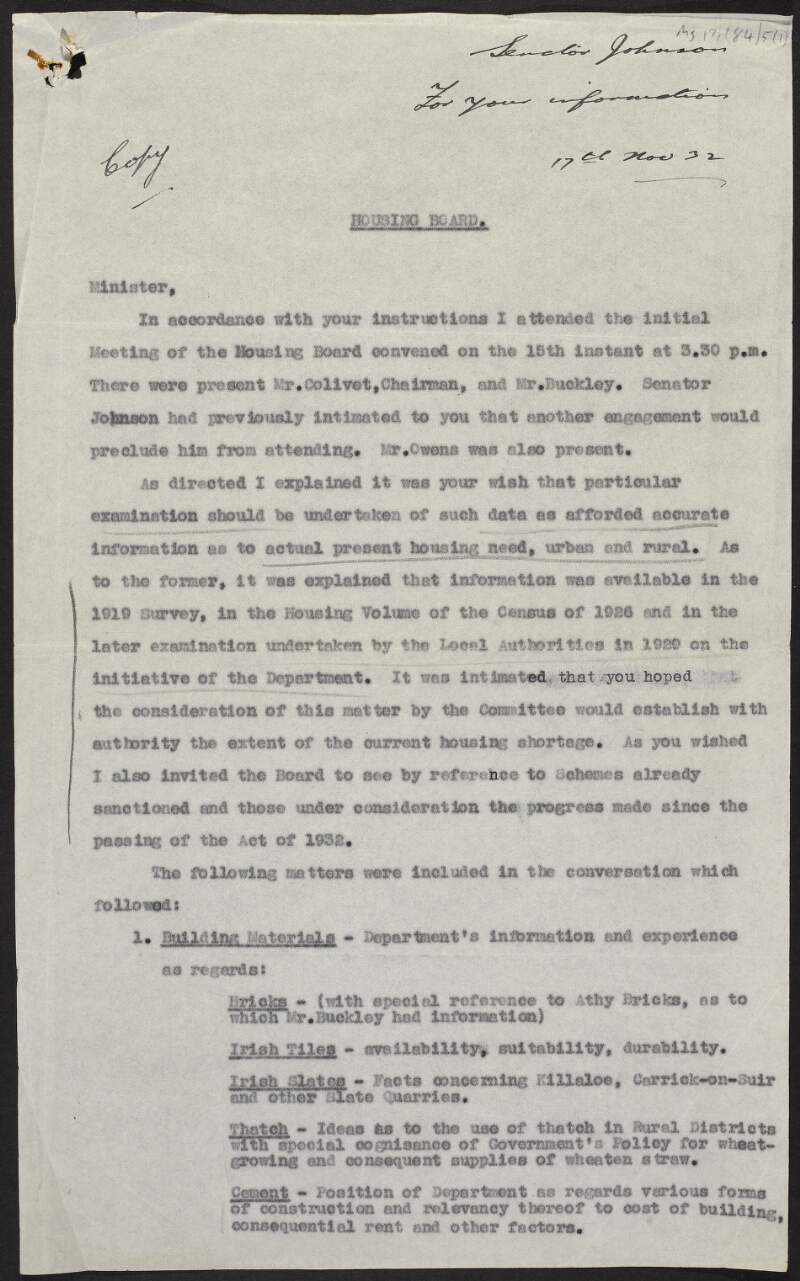 Copy letter from Edward Patrick McCarron to Sean T. O'Kelly, Minister for Local Government and Public Health, regarding a meeting of the Housing Board, for the attention of Thomas Johnson,
