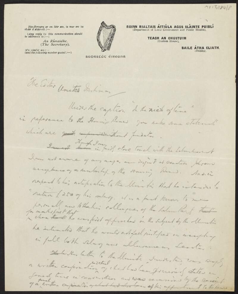 Draft letter from Luke J. Duffy to the Editor 'United Irishman' regarding the publication's coverage of Thomas Johnson's appointment as a member of the Housing Board,