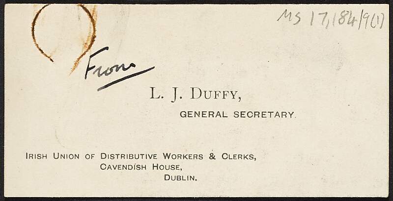 Copy letter from Luke J. Duffy to the Editor of 'United Irishman' regarding the coverage of Thomas Johnson's appointment as a member of the Housing Board, with manuscript note,