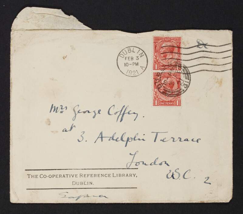 Empty envelope addressed to Jane Coffey, 3 Adelphi Terrace, London,
